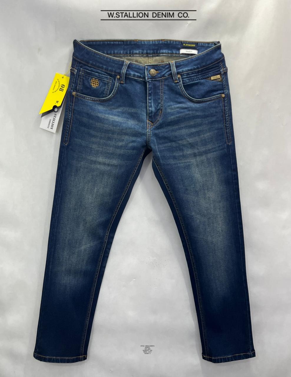 Greenish Blue Relaxed Fit Jeans with Lycra & Whisker Effect
