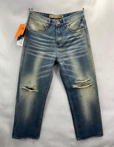 Light Blue Baggy Fit Damaged Jeans with Whisker Effect