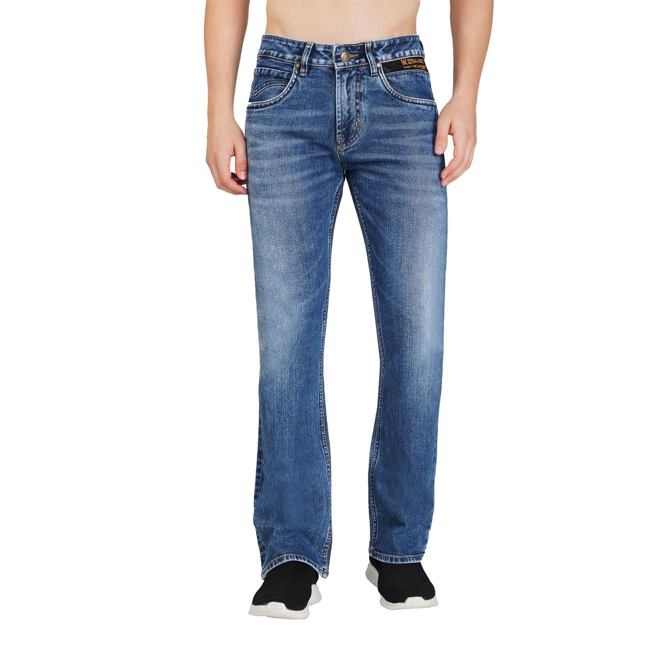 Dark Blue Straight Fit English Wash Jeans with Lycra & Whisker Effect