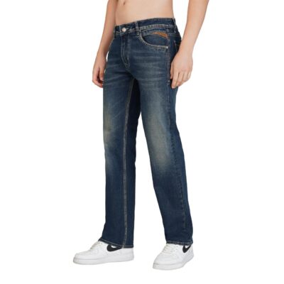 Dark Blue Straight Fit English Wash Jeans with Lycra & Whisker Effect
