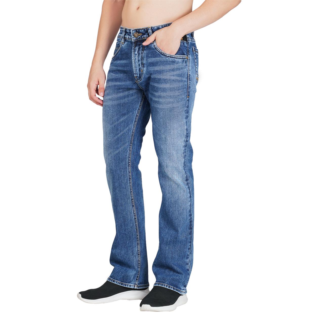 Greenish Blue Relaxed Fit Jeans with Lycra & Whisker Effect